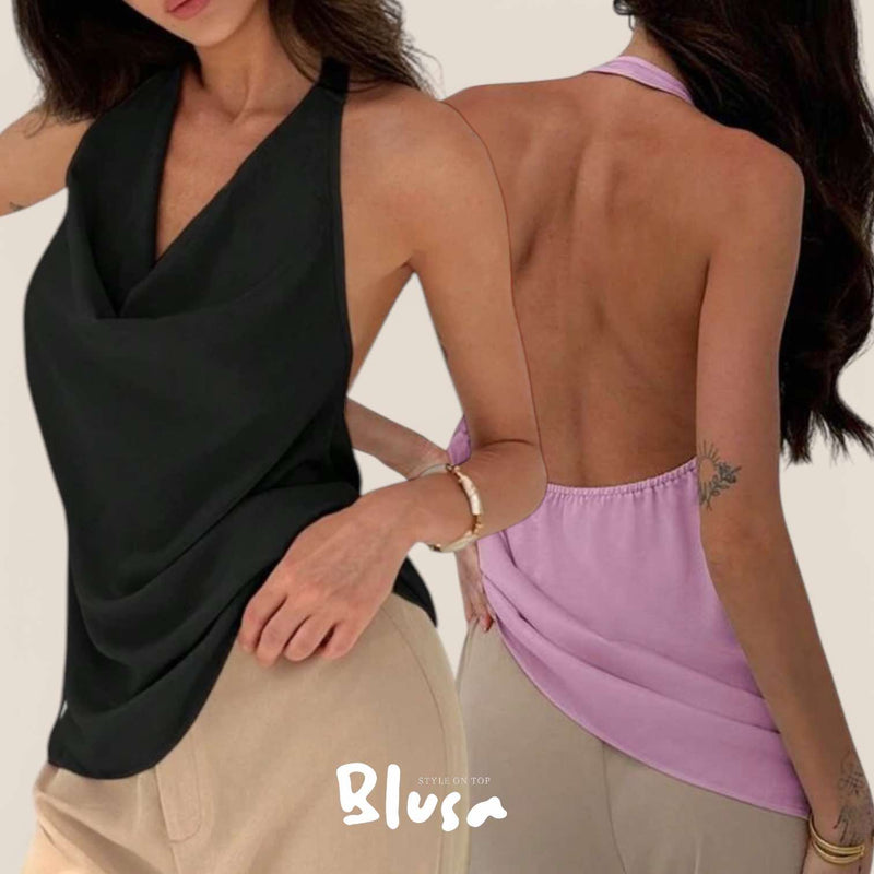 BLUSA Satin Halter Cowl Backless Sassy Top