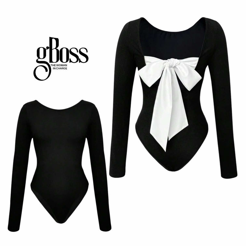 GBOSS Long Sleeve Bow Knot Back Bodysuit Top Plus Size