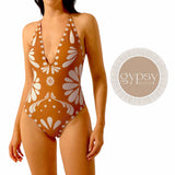 GYPSY Swim Tan V Neck Halter Boho One Piece Swimsuit