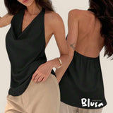 BLUSA Satin Halter Cowl Backless Sassy Top