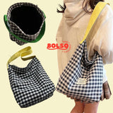 BOLSO Preppy Retro Plaid Fabric Bucket Bag