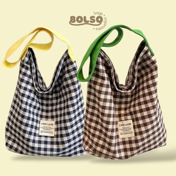 BOLSO Preppy Retro Plaid Fabric Bucket Bag