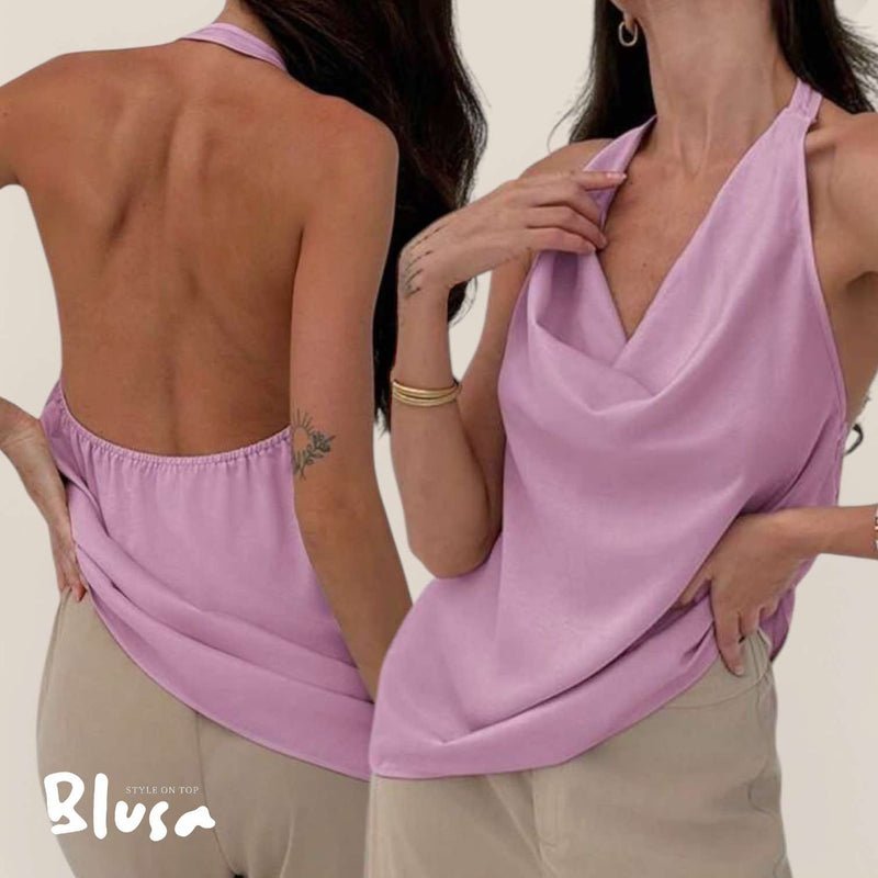 BLUSA Satin Halter Cowl Backless Sassy Top