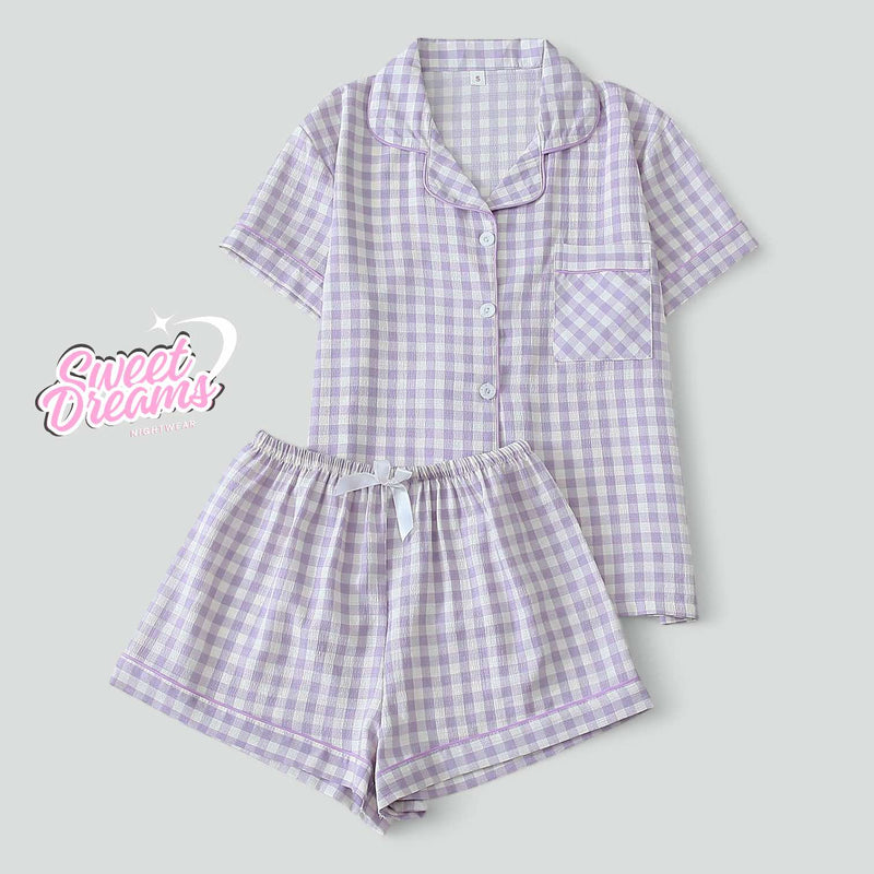 SWEET DREAMS Collar Buttondown Piping Details Printed Woven Shorts Set Pajama