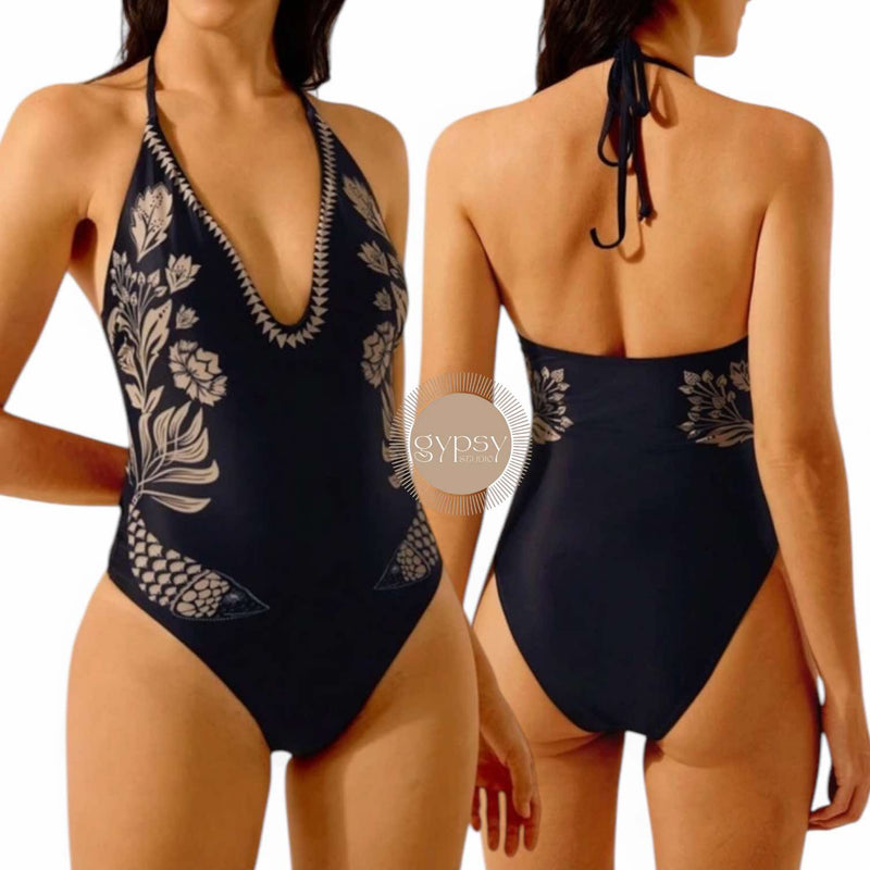 GYPSY Swim Navy V Neck Halter Floral One Piece Swimsuit