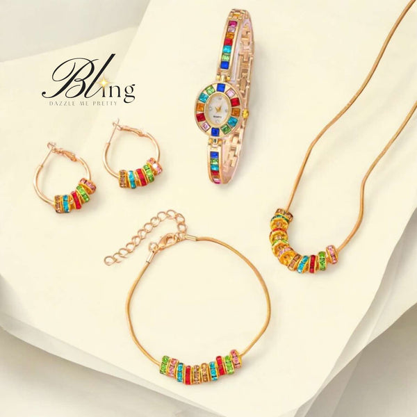 BLING 5pc Colored Rhinestone Watch Bracelet Necklace Earring Set