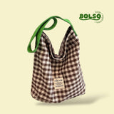 BOLSO Preppy Retro Plaid Fabric Bucket Bag