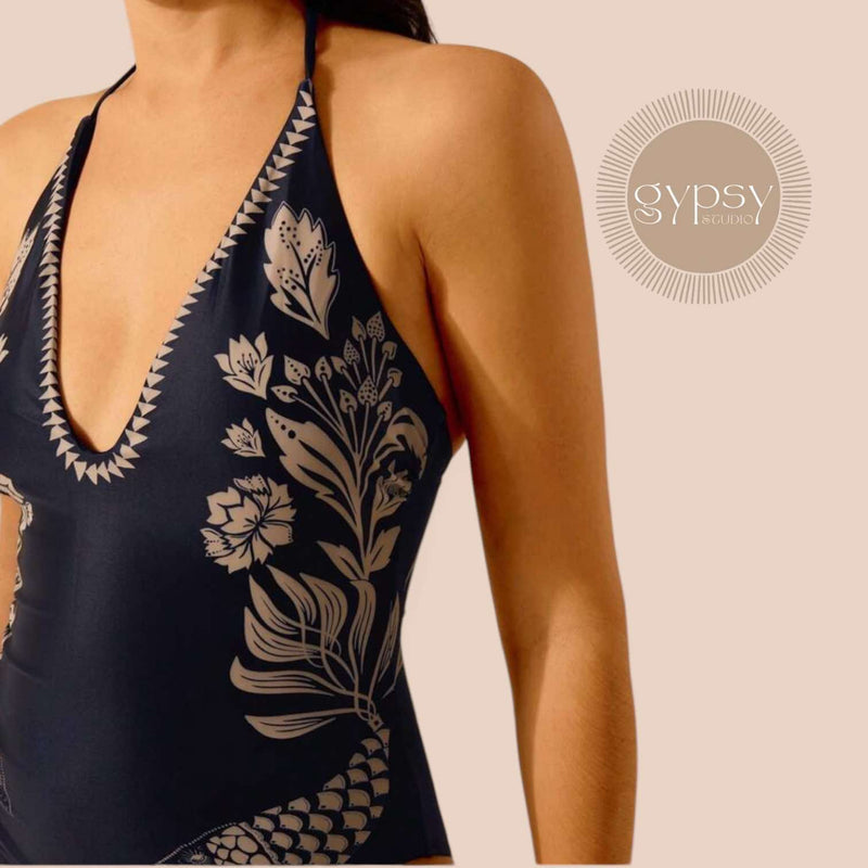 GYPSY Swim Navy V Neck Halter Floral One Piece Swimsuit