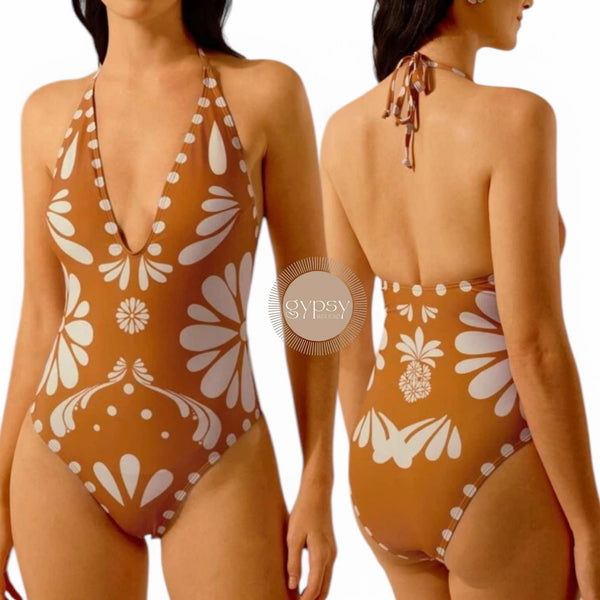 GYPSY Swim Tan V Neck Halter Boho One Piece Swimsuit