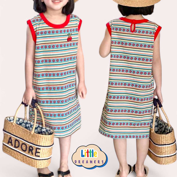 LITTLE DREAMERS Fun Vintage Pattern Knit Contrast Sleeveless Short Dress for Girls