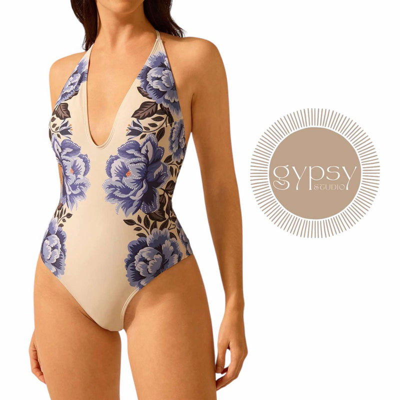 GYPSY Swim Apricot V Neck Halter Floral One Piece Swimsuit