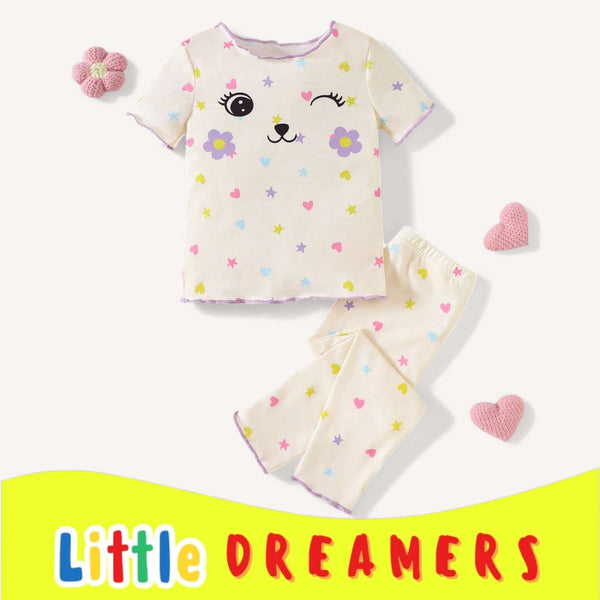 LITTLE DREAMERS Cute Print Lettuce Top Pants Pajama Set for Girls