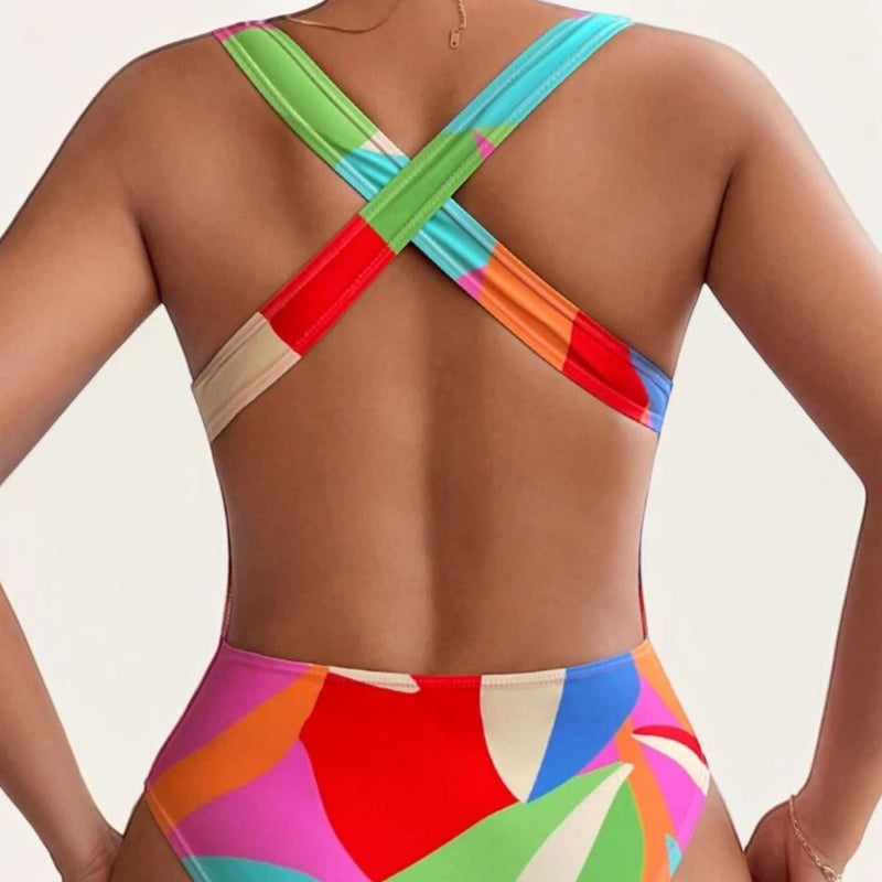 GYPSY Swim Vibrant Colorful Abstract Cross Back One Piece Swimsuit