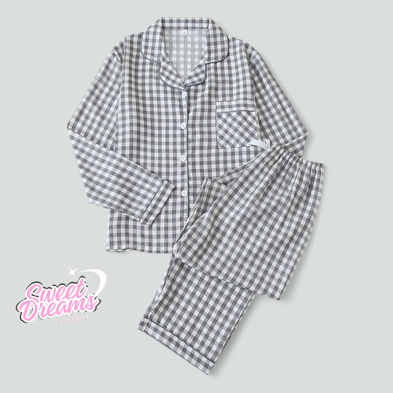 SWEET DREAMS Plaid Collar Buttondown Piping Details Printed Woven Pants Set Pajama