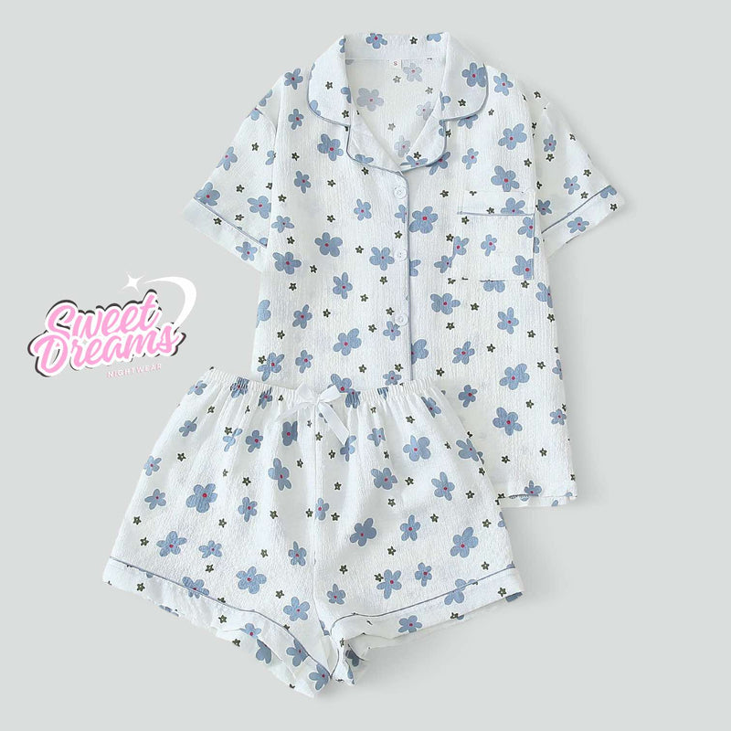 SWEET DREAMS Collar Buttondown Piping Details Printed Woven Shorts Set Pajama