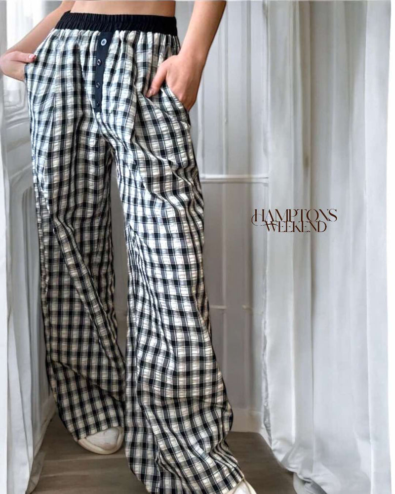 HAMPTONS Weekend Textured Woven Checkered Lounge Casual Pants with Pockets