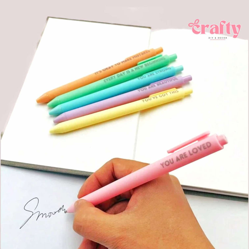 CRAFTY 6pcs Set Vibrant Color Motivation Printed Journaling Retractable Clip Pen