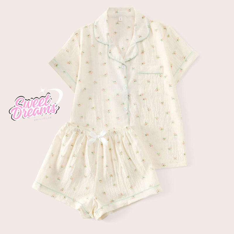 SWEET DREAMS Collar Buttondown Piping Details Printed Woven Shorts Set Pajama