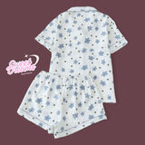 SWEET DREAMS Collar Buttondown Piping Details Printed Woven Shorts Set Pajama