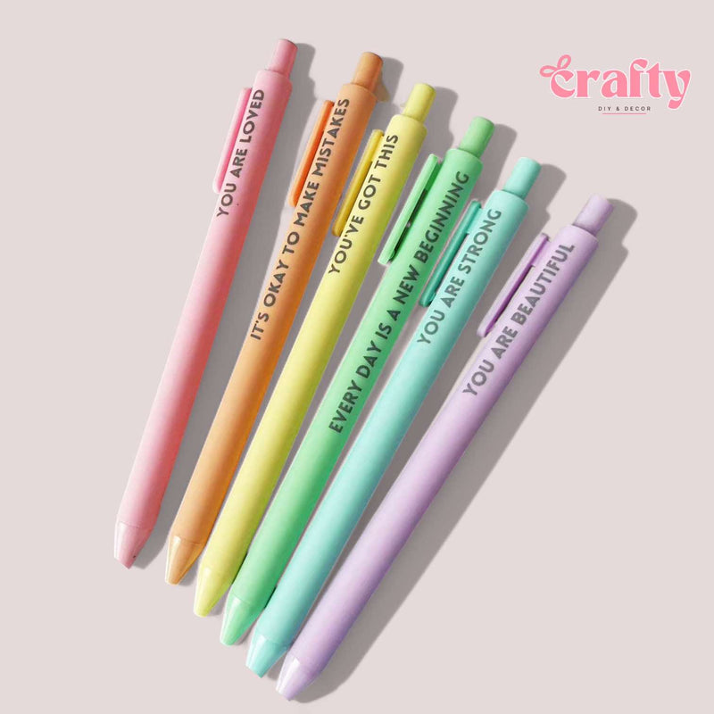 CRAFTY 6pcs Set Vibrant Color Motivation Printed Journaling Retractable Clip Pen