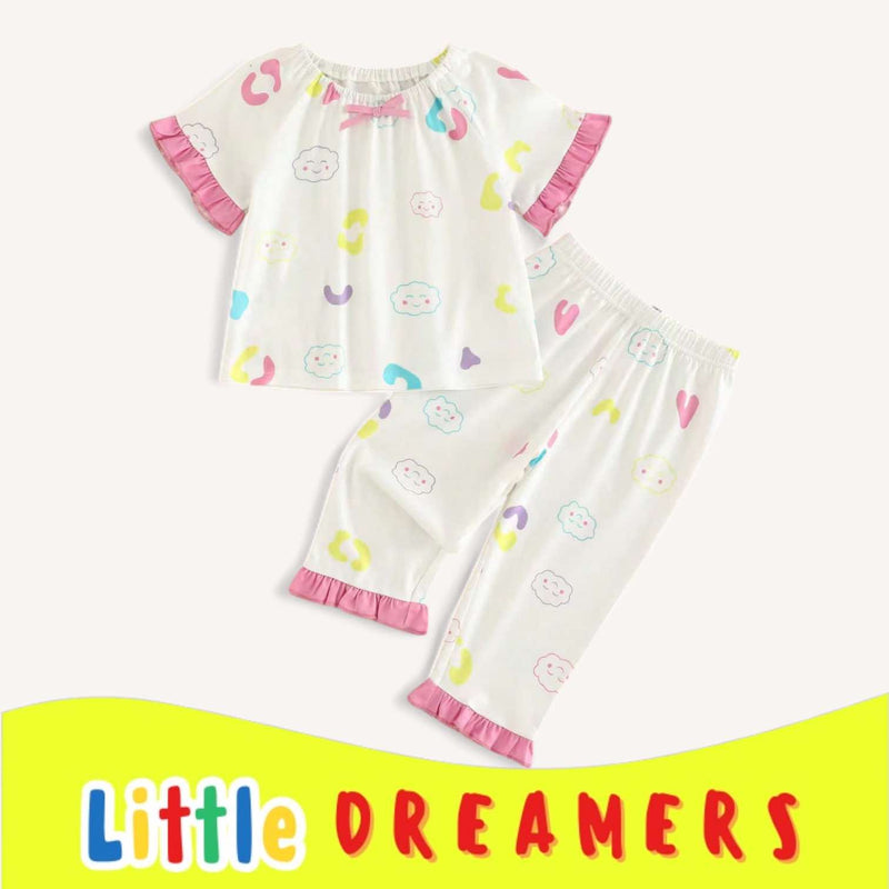 LITTLE DREAMERS Cloud Print Ruffle Top Pants Pajama Set for Girls