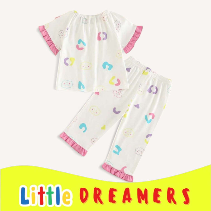 LITTLE DREAMERS Cloud Print Ruffle Top Pants Pajama Set for Girls