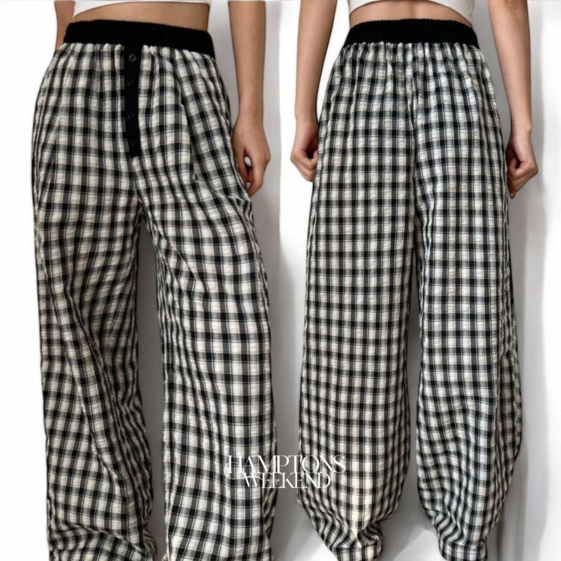 HAMPTONS Weekend Textured Woven Checkered Lounge Casual Pants with Pockets