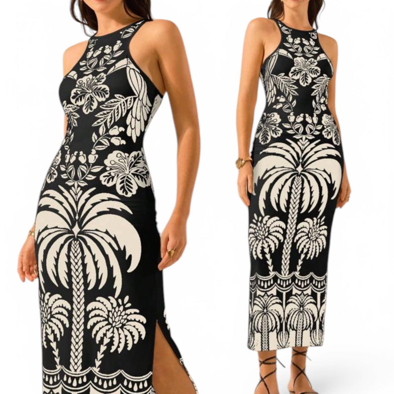 GYPSY Tropical Print Tribal Halter Bodycon Long Dress