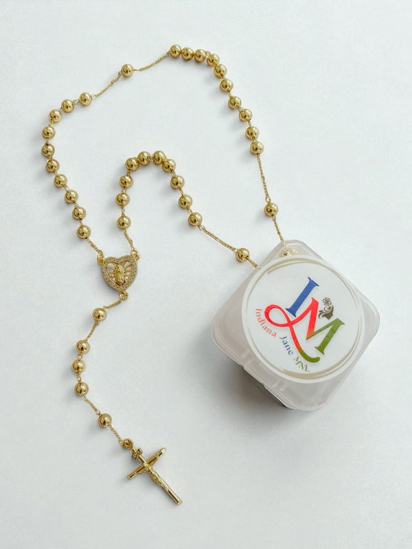 BLING Cross Pendant Gold Plated Prayer Beads Rosary Necklace - Faith Jewelry