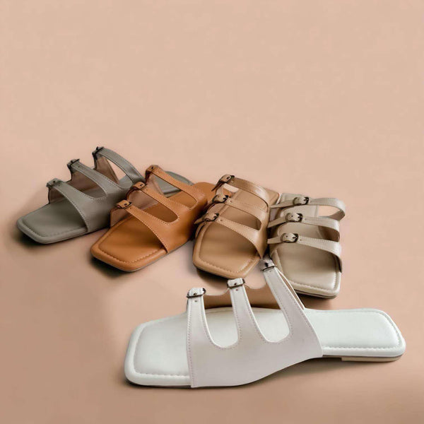 LAUREN 3 Buckle Front Strap Cushioned Flat Slides