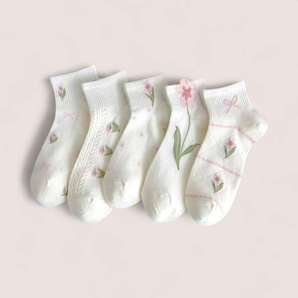 FOOTSIES 5pairs White Floral Details Pattern Ankle Socks