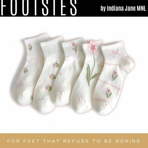 FOOTSIES 5pairs White Floral Details Pattern Ankle Socks