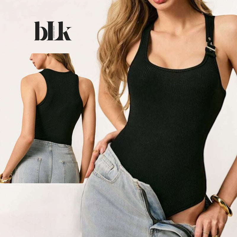 BLK Stretched Ribbed Cami Buckle Strap Daily Top