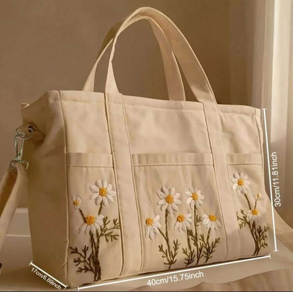 BOLSO Daisy Flower Embro Canvas Caddy Large HandBag with Sling