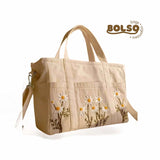 BOLSO Daisy Flower Embro Canvas Caddy Large HandBag with Sling