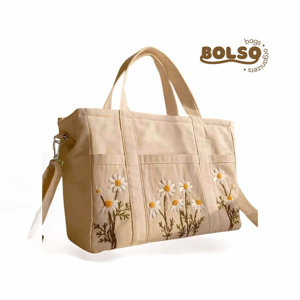 BOLSO Daisy Flower Embro Canvas Caddy Large HandBag with Sling