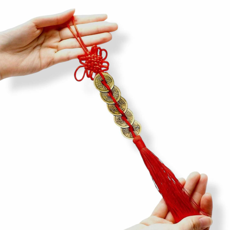 BLING 1pc Feng Shui Lucky Coins Charm – Chinese Knot Hanging Decoration with 6 Antique Coins & Tassel (11.4”) for Wealth & Protection