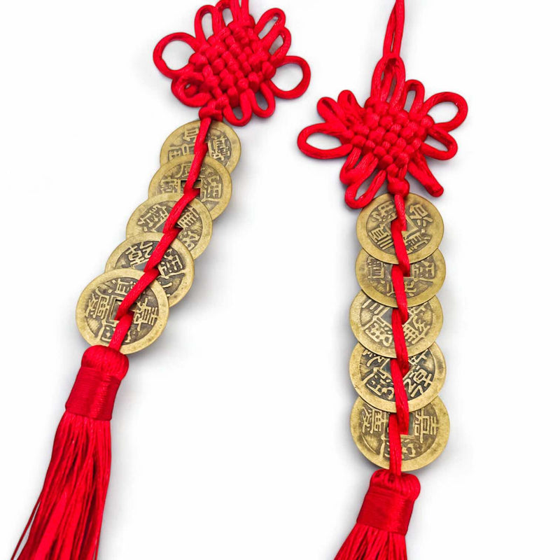 BLING 1pc Feng Shui Lucky Coins Charm – Chinese Knot Hanging Decoration with 6 Antique Coins & Tassel (11.4”) for Wealth & Protection