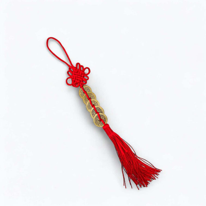 BLING 1pc Feng Shui Lucky Coins Charm – Chinese Knot Hanging Decoration with 6 Antique Coins & Tassel (11.4”) for Wealth & Protection