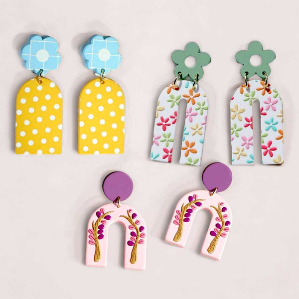 BLING Whimsical Arch Dangle Earrings – Handmade Polymer Clay Floral & Dot Designs