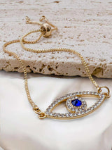 BLING Gold Adjustable Evil Eye Slider Bracelet with Sapphire Blue Center – Crystal-Studded Protection Charm