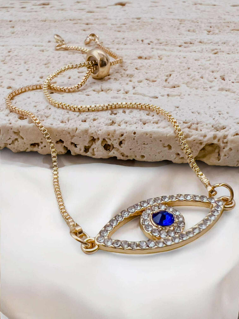 BLING Gold Adjustable Evil Eye Slider Bracelet with Sapphire Blue Center – Crystal-Studded Protection Charm