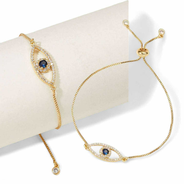 BLING Gold Adjustable Evil Eye Slider Bracelet with Sapphire Blue Center – Crystal-Studded Protection Charm
