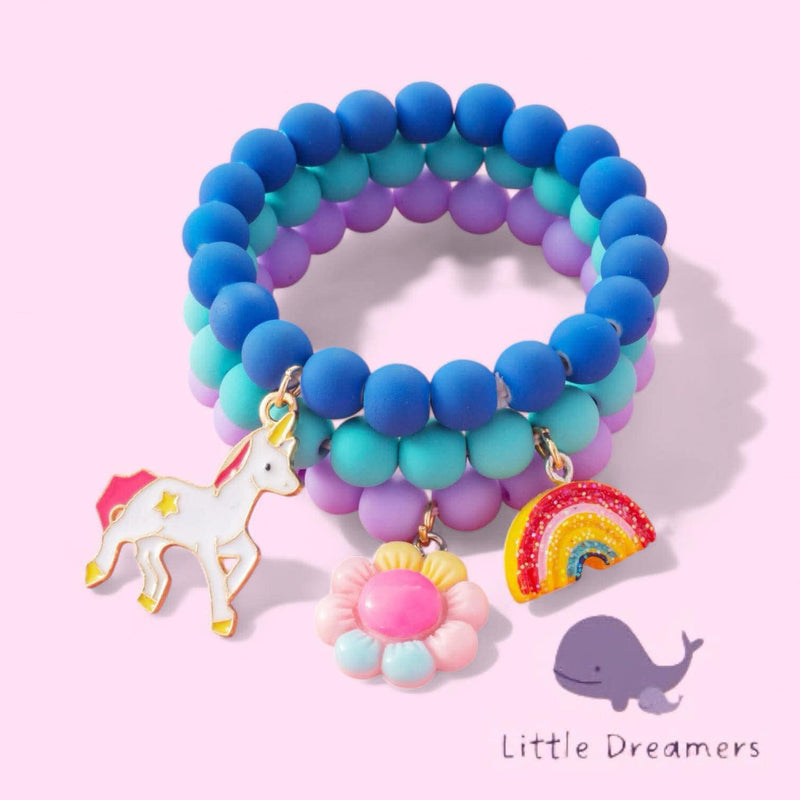 LITTLE DREAMERS Girls Charm Bead Bracelet Rainbow Unicorn Floral Accent