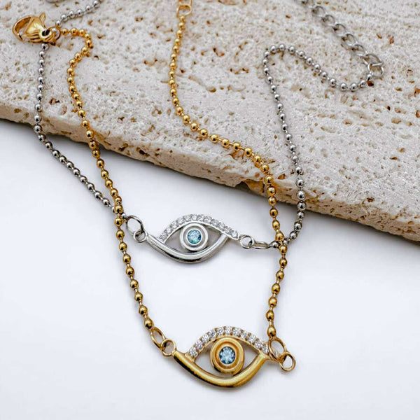 BLING Dual-Tone Evil Eye Ball Chain Bracelet – Adjustable Dainty Protection Charm