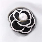 BLING Elegant Camellia Pearl Brooch – Tweed & Faux Leather Fabric Flower Pin