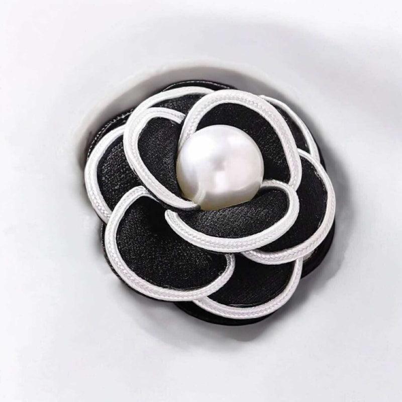 BLING Elegant Camellia Pearl Brooch – Tweed & Faux Leather Fabric Flower Pin