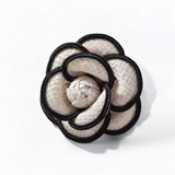 BLING Elegant Camellia Pearl Brooch – Tweed & Faux Leather Fabric Flower Pin