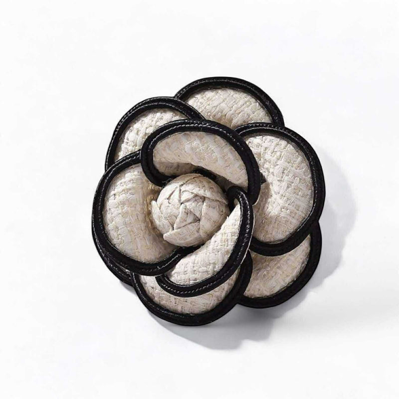 BLING Elegant Camellia Pearl Brooch – Tweed & Faux Leather Fabric Flower Pin