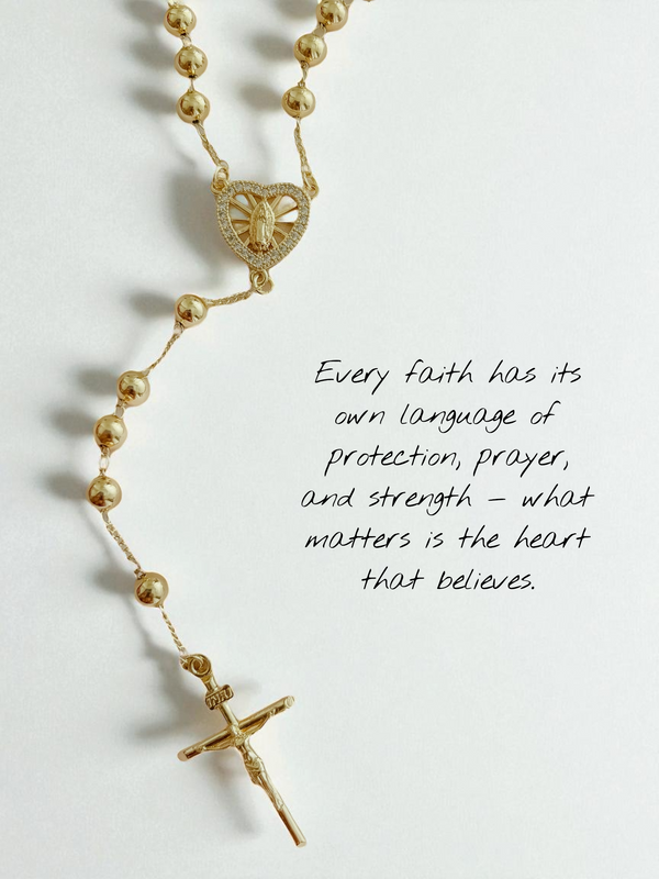 BLING Cross Pendant Gold Plated Prayer Beads Rosary Necklace - Faith Jewelry